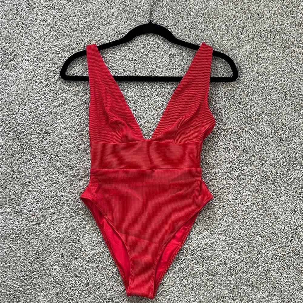 H&M Red Ribbed One-Piece Swimsuit with V-Neck